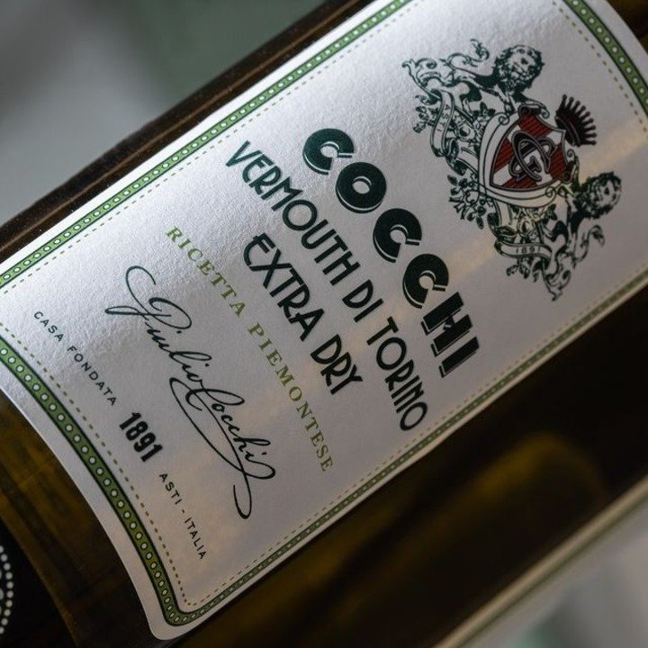 Vermouth Dry Cocchi Limited Edition. Close-up of a bottle of Vermouth Dry Cocchi Limited